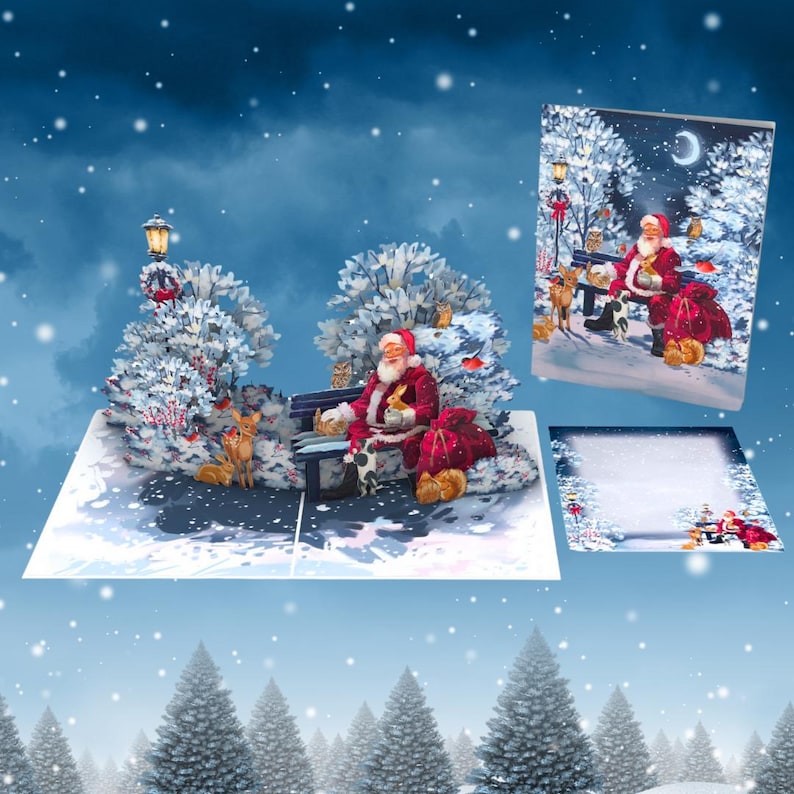Carte pop-up personnalisée Santa's Village Express pour les Fêtes, carte de Père Noël 3D Santa and friends