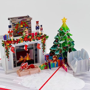 Carte pop-up personnalisée Santa's Village Express pour les Fêtes, carte de Père Noël 3D Fireplace