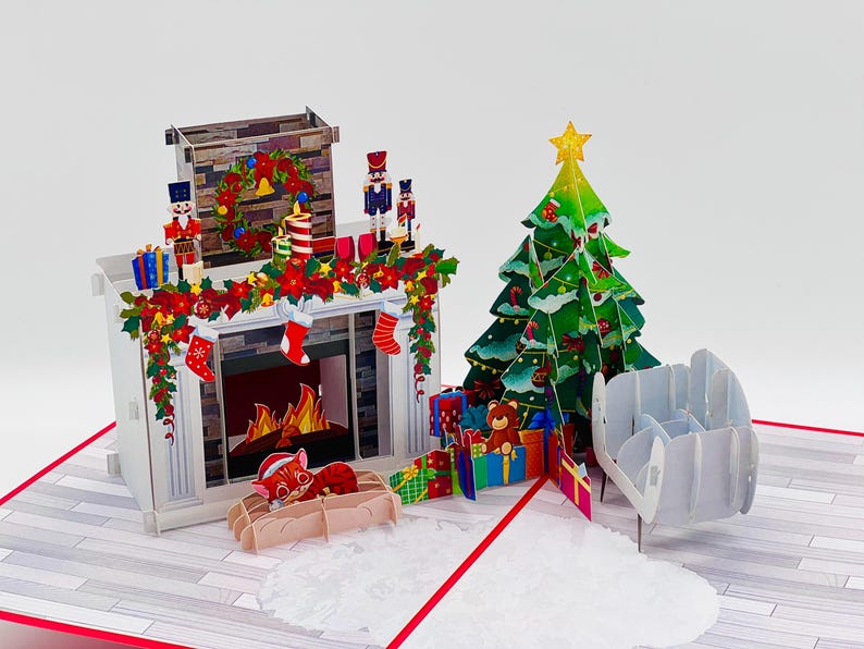 Carte pop-up personnalisée Santa's Village Express pour les Fêtes, carte de Père Noël 3D Fireplace