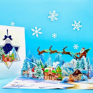 Carte pop-up personnalisée Santa's Village Express pour les Fêtes, carte de Père Noël 3D Night before xmas