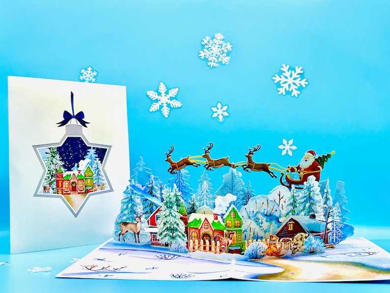 Carte pop-up personnalisée Santa's Village Express pour les Fêtes, carte de Père Noël 3D Night before xmas
