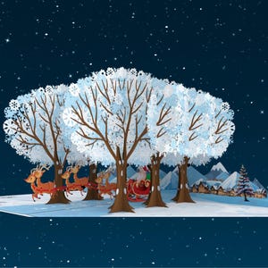Carte pop-up personnalisée Santa's Village Express pour les Fêtes, carte de Père Noël 3D Winter tree avenue