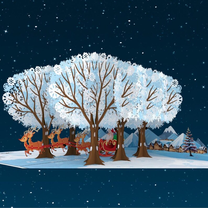 Carte pop-up personnalisée Santa's Village Express pour les Fêtes, carte de Père Noël 3D Winter tree avenue