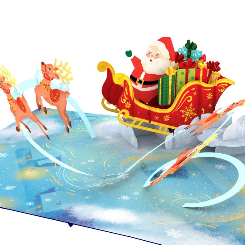 Carte pop-up personnalisée Santa's Village Express pour les Fêtes, carte de Père Noël 3D Santa on sleigh
