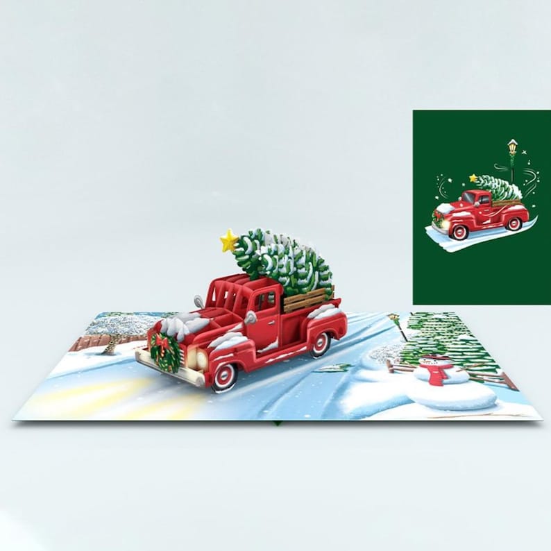 Carte pop-up personnalisée Santa's Village Express pour les Fêtes, carte de Père Noël 3D Christmas truck