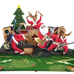 Carte de voeux pop-up 3D personnalisée Noël rock and roll Père Noël et renne pour enfant, père, mère, famille, amis
