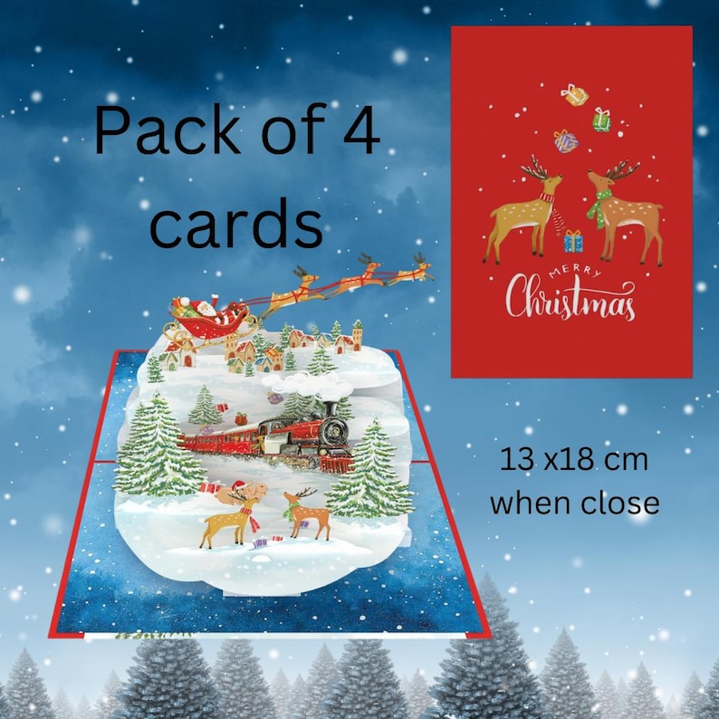 Carte pop-up personnalisée Santa's Village Express pour les Fêtes, carte de Père Noël 3D pack of 4