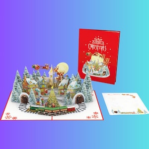 Carte pop-up personnalisée Santa's Village Express pour les Fêtes, carte de Père Noël 3D image 2