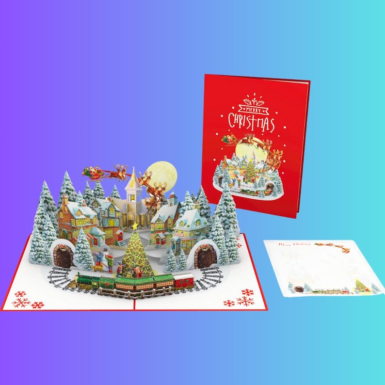 Carte pop-up personnalisée Santa's Village Express pour les Fêtes, carte de Père Noël 3D image 2