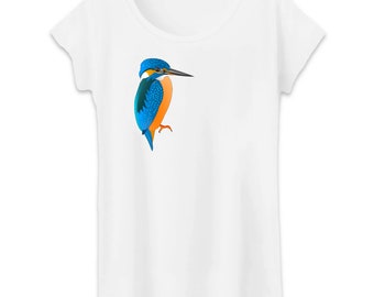 Martin pecheur - t-shirt femme coton bio - t shirt oiseau bleu orange