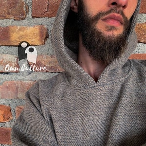 Wool sweater for men with pockets, Mens woollen hoodie with oversized hood, Woolen pullover grey, Eco friendly wool sweatshirt hooded