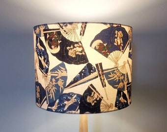 Lampshade in blue and cream Japanese fan fabric | Handmade luxury drum lampshade in various sizes | Ceiling pendant, table and floor lamps.