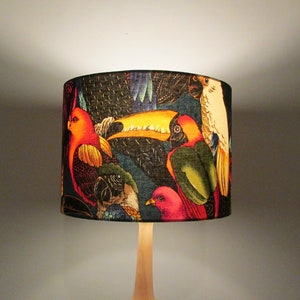 Lampshade in jungle bird fabric Alexander Henry | Handmade luxury drum lampshade in various sizes | Ceiling pendant, table and floor lamps.