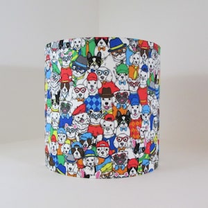 Eco Lampshade in colourful dog fabric | Handmade luxury drum lampshade in various sizes | Ceiling pendant, table and floor lamps.