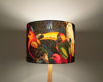 Lampshade in jungle bird fabric Alexander Henry | Handmade luxury drum lampshade in various sizes | Ceiling pendant, table and floor lamps.