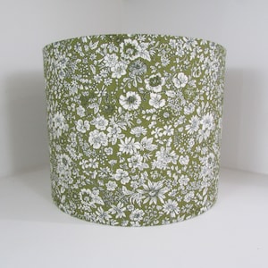 Eco Lampshade in green Liberty floral fabric | Handmade luxury drum lampshade in various sizes | Ceiling pendant, table and floor lamps.