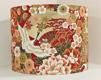 Red and Gold Japanese Crane Lampshade: Handmade Eco Drum Shade