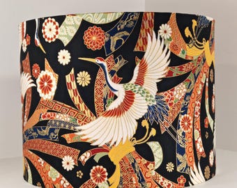 Japanese Black and Gold Crane Lampshade: Handmade Eco Drum Shade