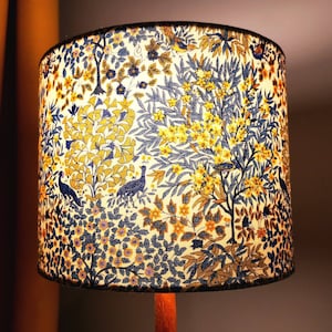 Lampshade in blue Liberty Pheasant Forest fabric Handmade luxury drum lampshade in various sizes Ceiling pendant, table and floor lamps. 15 (d) x 14 (h) cm
