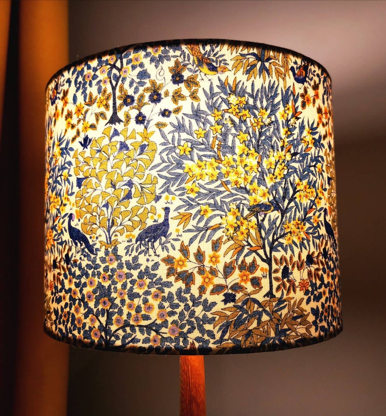 Lampshade in blue Liberty Pheasant Forest fabric Handmade luxury drum lampshade in various sizes Ceiling pendant, table and floor lamps. 15 (d) x 14 (h) cm