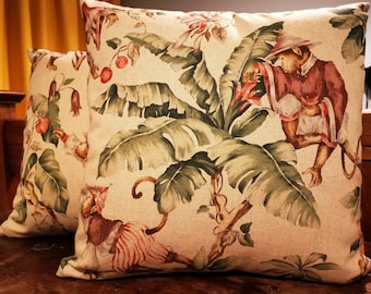 Large Cushion Cover in Cheeky Monkey Palms fabric | Tropical Monkey Cushion | Decorative Cushion