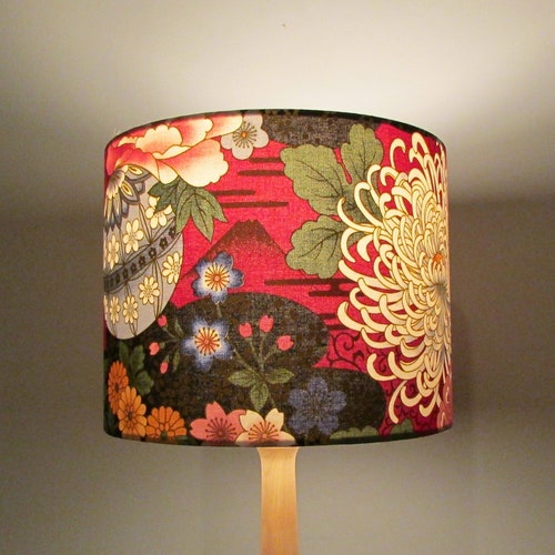 Lampshade in red flowers Japanese fabric | Handmade luxury drum lampshade in various sizes | Ceiling pendant, table and floor lamps.