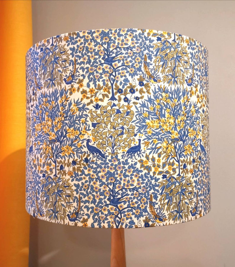 Lampshade in blue Liberty Pheasant Forest fabric Handmade luxury drum lampshade in various sizes Ceiling pendant, table and floor lamps. image 4