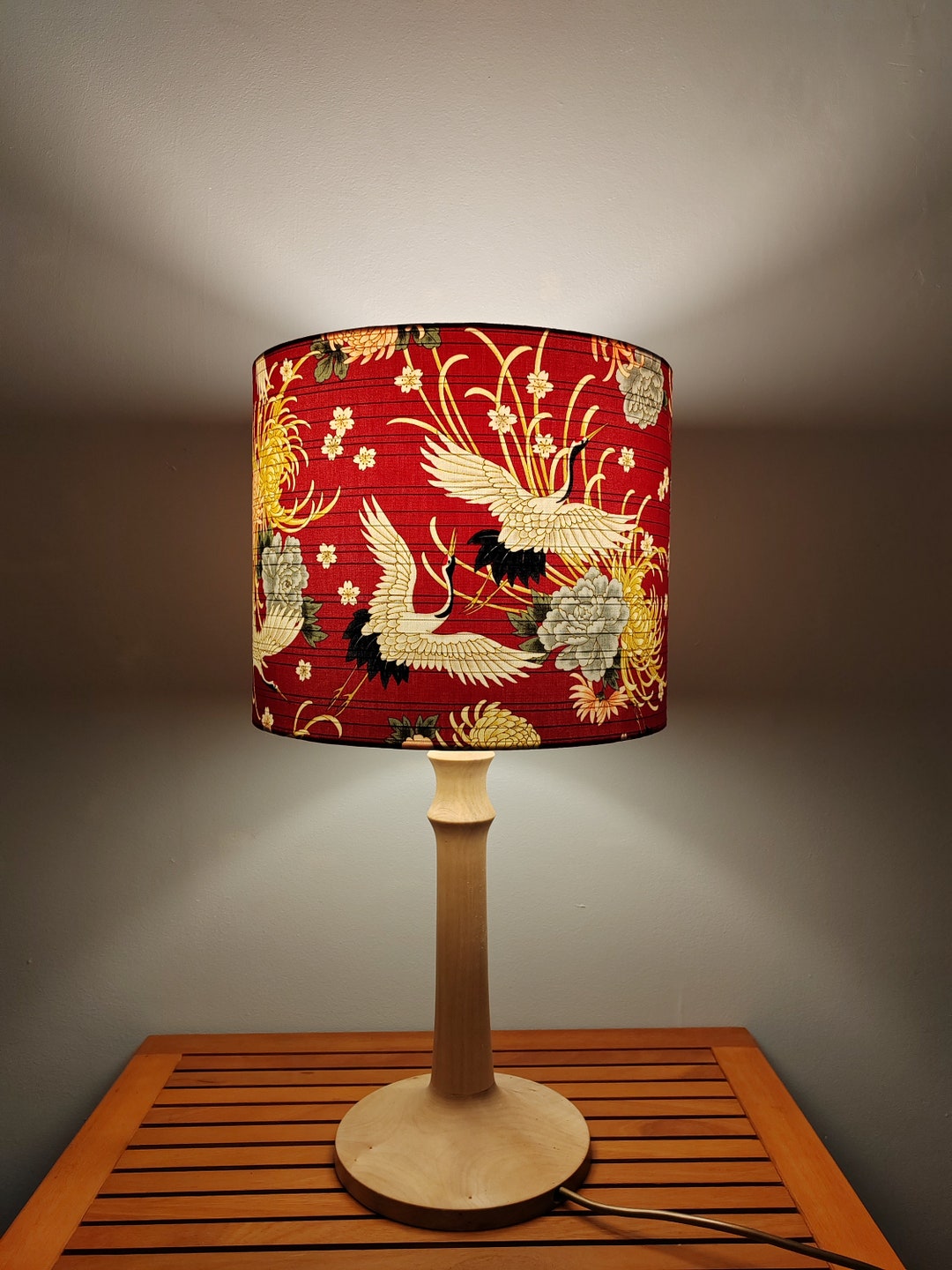 Lampshade in Red and Gold Japanese Cranes & Flowers Fabric Handmade