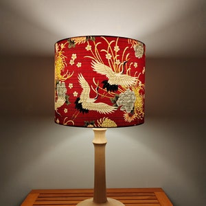 Eco Lampshade in red and gold Japanese Cranes & Flowers fabric | Handmade luxury drum shade in multiple sizes | Ceiling pendant | Lamp shade