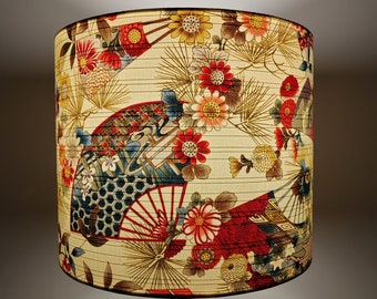 Lampshade in fans & flowers Japanese fabric | Handmade luxury drum lampshade | Multiple colours and sizes | Ceiling pendant and table shade.