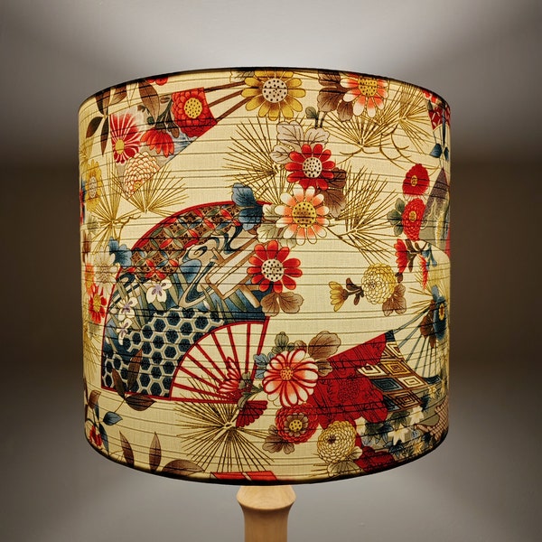 Lampshade in fans & flowers Japanese fabric | Handmade luxury drum lampshade | Multiple colours and sizes | Ceiling pendant and table shade.