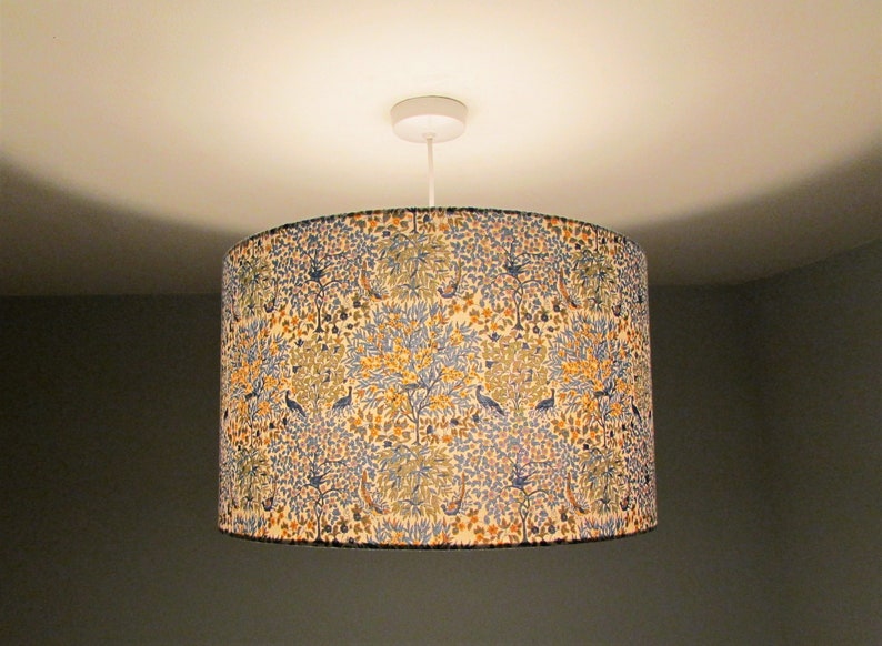 Lampshade in blue Liberty Pheasant Forest fabric Handmade luxury drum lampshade in various sizes Ceiling pendant, table and floor lamps. image 10