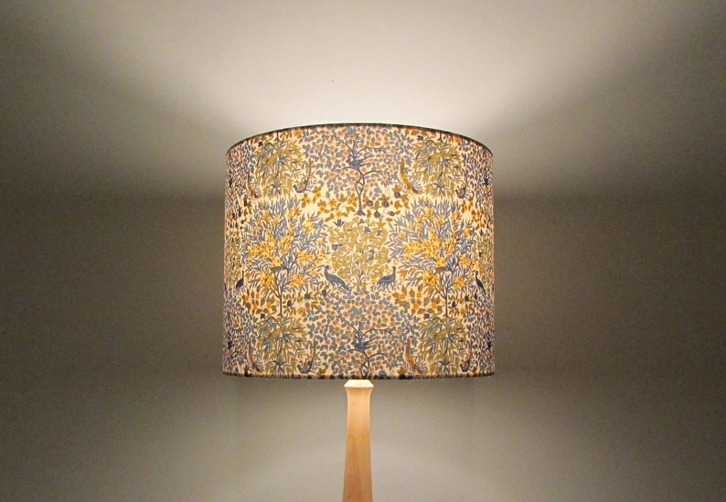 Lampshade in blue Liberty Pheasant Forest fabric Handmade luxury drum lampshade in various sizes Ceiling pendant, table and floor lamps. 30 (d) x 23 (h) cm