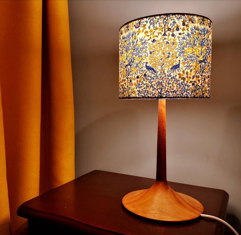 Lampshade in blue Liberty Pheasant Forest fabric Handmade luxury drum lampshade in various sizes Ceiling pendant, table and floor lamps. 20 (d) x 16 (h) cm
