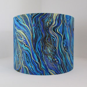 Eco Lampshade in blue and gold Metallic marble fabric | Handmade luxury drum lampshade | Ceiling pendant, table and floor lampshades