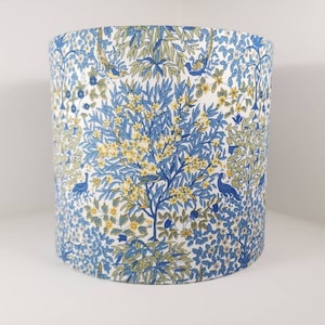 Eco Lampshade blue Liberty Pheasant Forest fabric | Handmade luxury drum lampshade in various sizes | Ceiling pendant, table and floor lamps