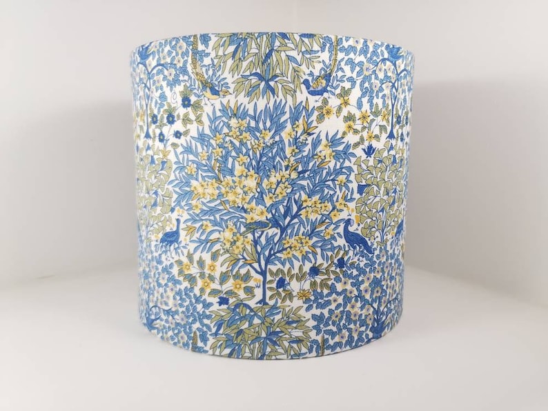 Lampshade in blue Liberty Pheasant Forest fabric Handmade luxury drum lampshade in various sizes Ceiling pendant, table and floor lamps. image 1