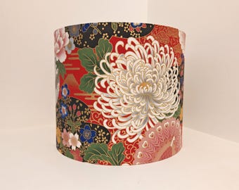 Japanese Red Floral Lampshade: Handmade Eco Drum Shade