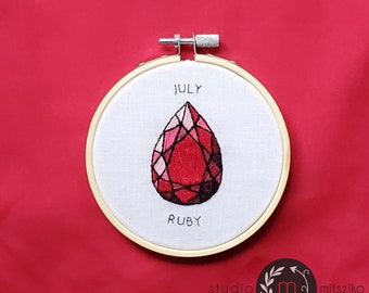 July Ruby Birthstone Hand Embroidery Pattern PDF