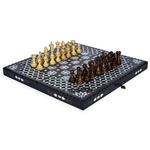 Handmade White Mother Of Pearl Inlaid 3 in 1 Game Set, Backgammon , Chess, Checkers