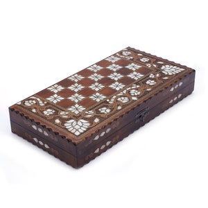 Backgammon Set Wooden - Real White Mother Of Pearl Inlaid Backgammon Game Set - Backgammon Set with Chess Outside - Natural Backgammon Set