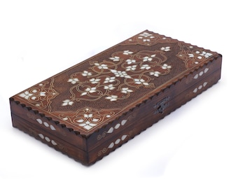 Handmade Walnut Backgammon Set: Mother of Pearl Inlay, Brass Detail