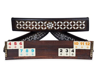 Handcrafted Rummikub Set: Chestnut Wood, Mother-of-Pearl Inlay