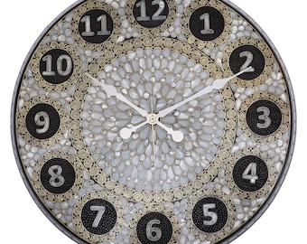 Handmade Mother of Pearl Inlaid Wooden Wall Clock with Brass Wire Inlay Design