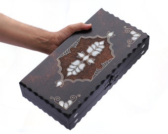 Handmade Walnut Backgammon Set: Mother of Pearl Inlay, Boxwood Checkers