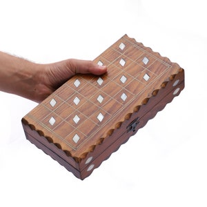 Travel Backgammon Set - Real White Mother Of Pearl Inlaid Mini Size Backgammon Game Set - Handmade Wooden Backgammon and Checkers Set