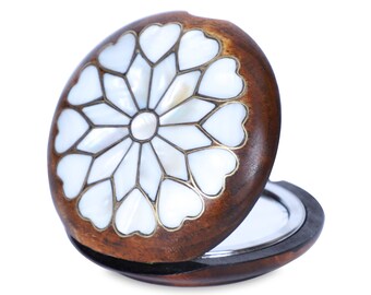 Istanbul Crafts Mother of Pearl Inlay Handmade Wooden Makeup Pocket Mirror Wedding Gift