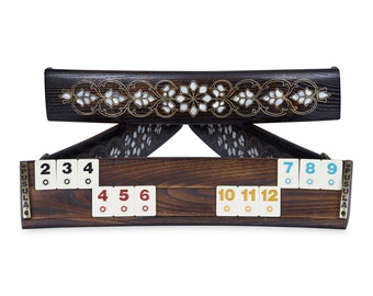 Handmade Oval Rummy Cube Game Set: Chestnut Wood, Mother-of-Pearl Inlay