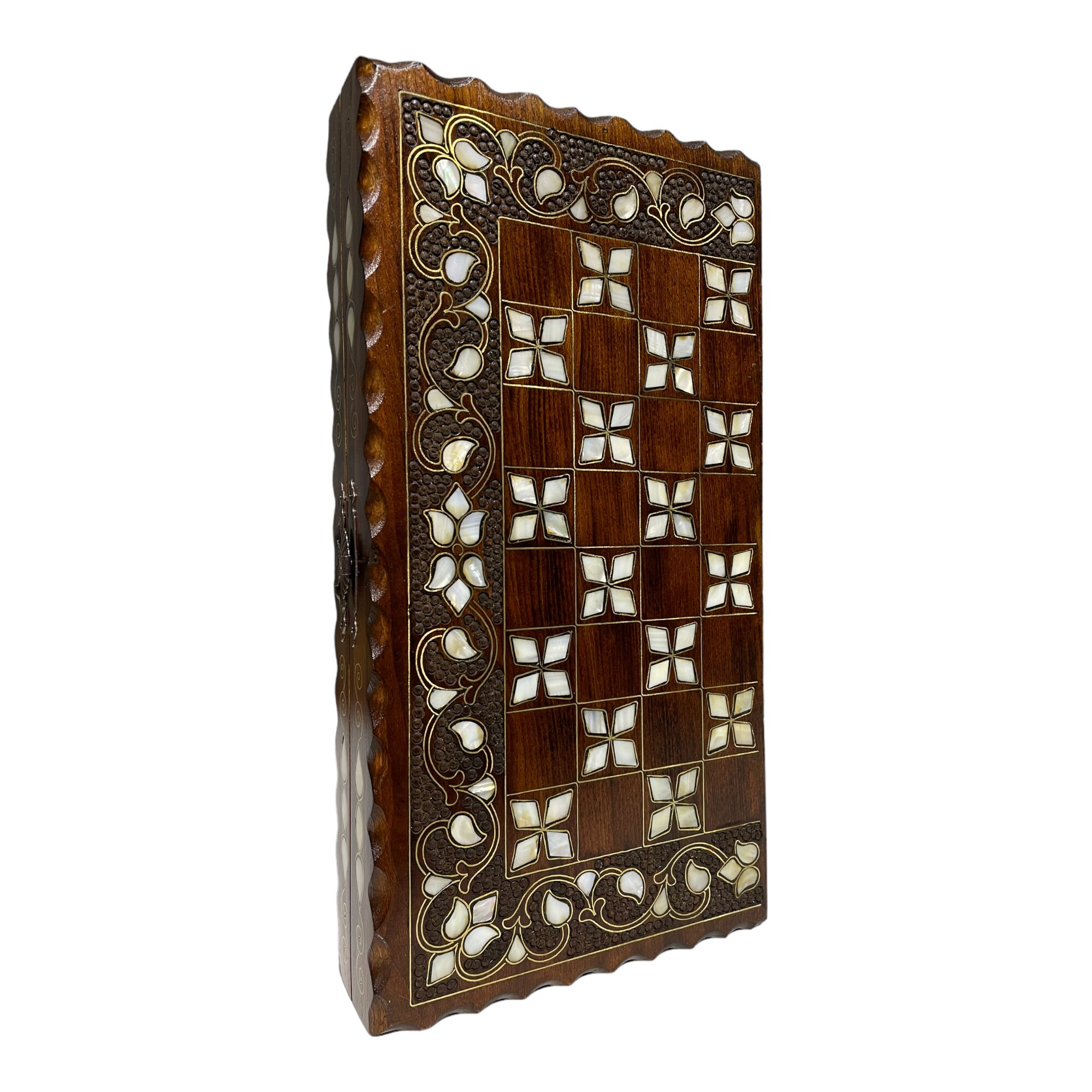 13.7 Inches Midi Size Handmade Travel Type Backgammon Set - Real White Mother Of Pearl Inlaid Exclusive Backgammon Game Set