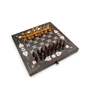 Wooden Handmade Chess Backgammon - White Mother Of Pearl Inlaid Backgammon Game Set - Handmade Boxwood 3.2&quot; Hand Carved Wooden Chess Pieces